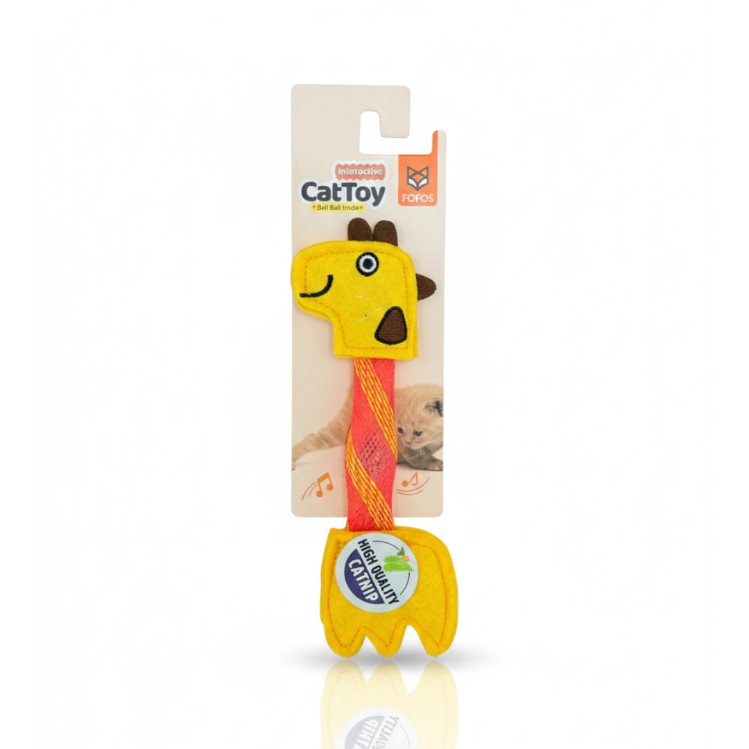 FOFOS Flick Tube Giraffe Cat Toy, a yellow giraffe-shaped toy connected by an orange cord, featuring a "High Quality Catnip" label.