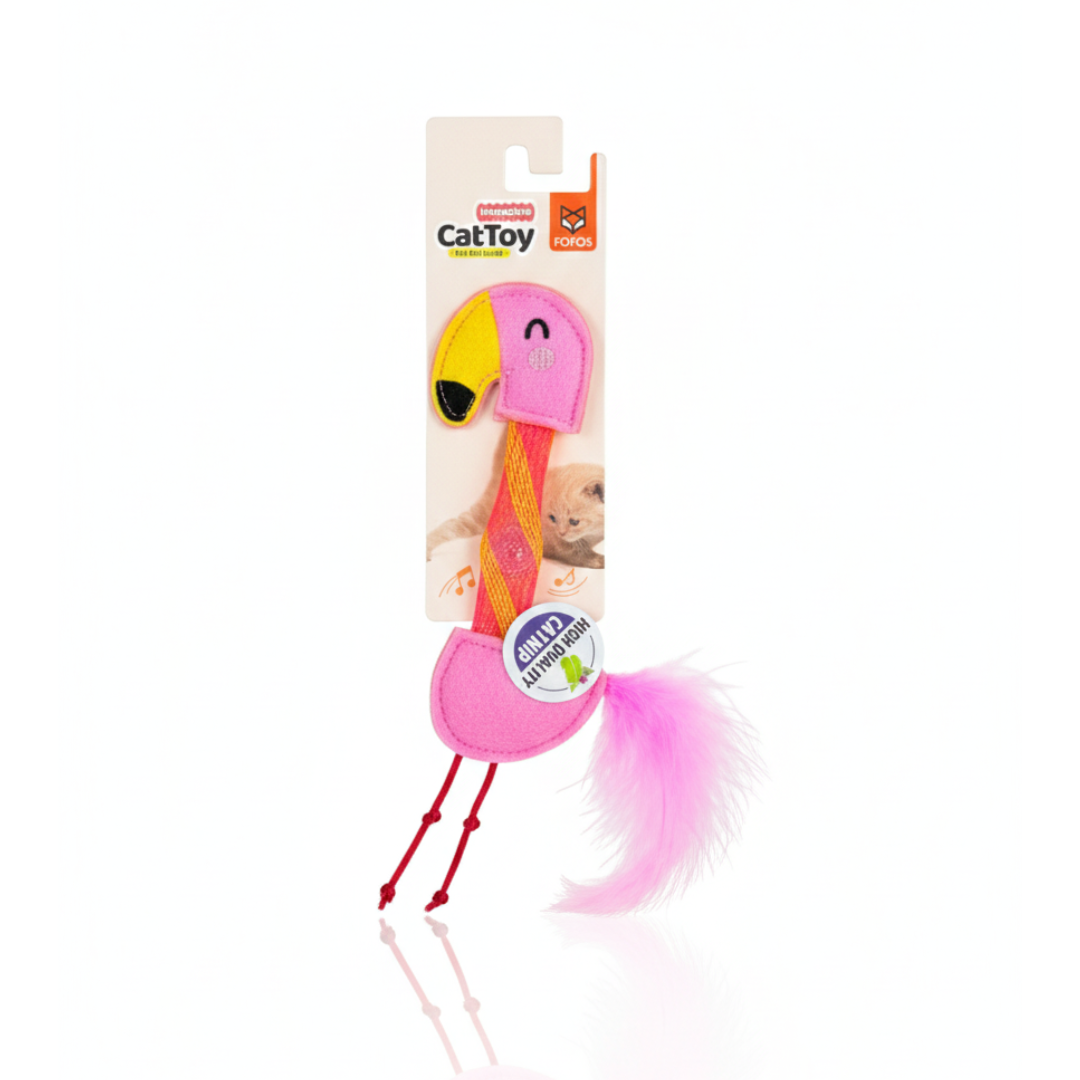 FOFOS Flick Tube Flamingo Cat Toy, a pink flamingo-shaped toy with a feather tail, featuring an orange cord, and a "High Quality Catnip" label.