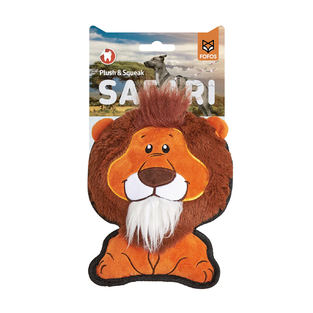 FOFOS Safari Line Lion Dog Toy, a soft plush lion with a brown mane, orange face, and a white shaggy beard, showing a "Plush & Squeakie Dog Toy Safari" tag.