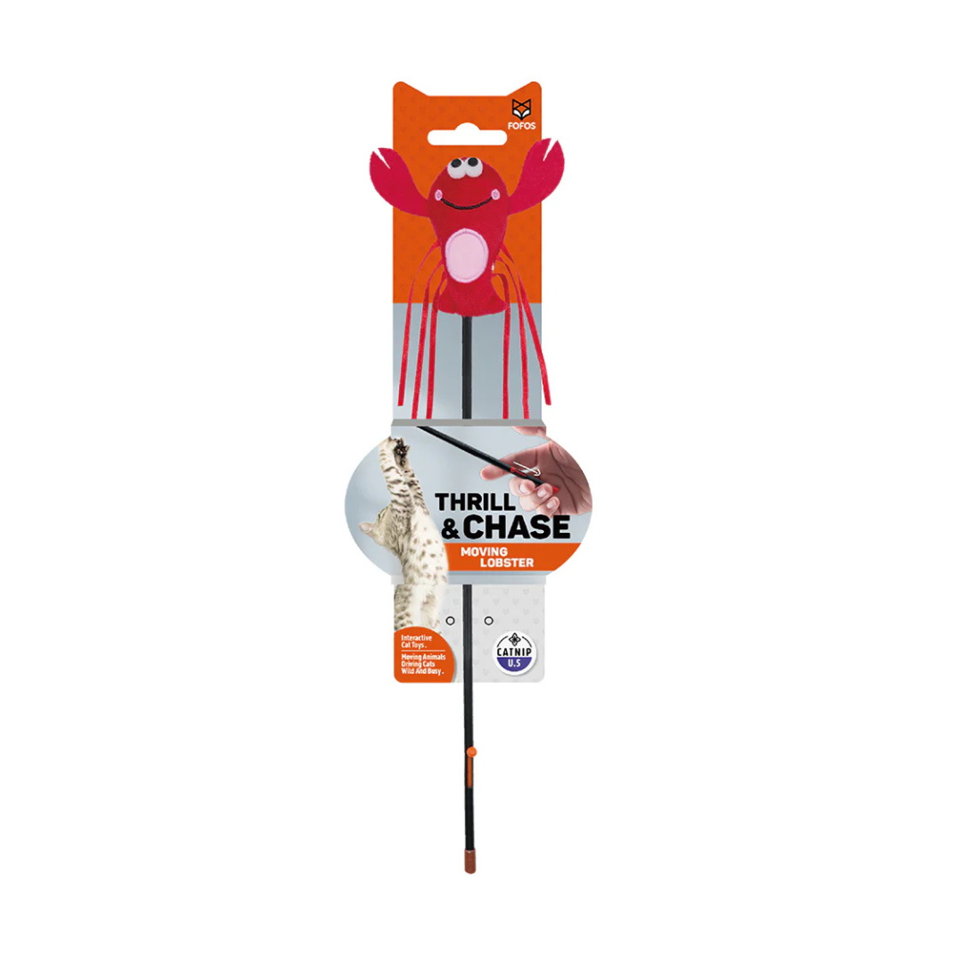 FOFOS Moving Lobster Cat Wand Toy, a red lobster attachment on a black wand, highlighting "THRILL & CHASE MOVING LOBSTER" and "CATNIP U.S.".