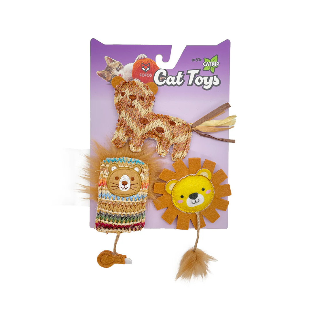 FOFOS Interactive Chic 2 Cat Toy 3pk, showing three cat toys (two lion-themed and one giraffe-themed) made of woven and felt materials, with a "with CATNIP Cat Toys" header.