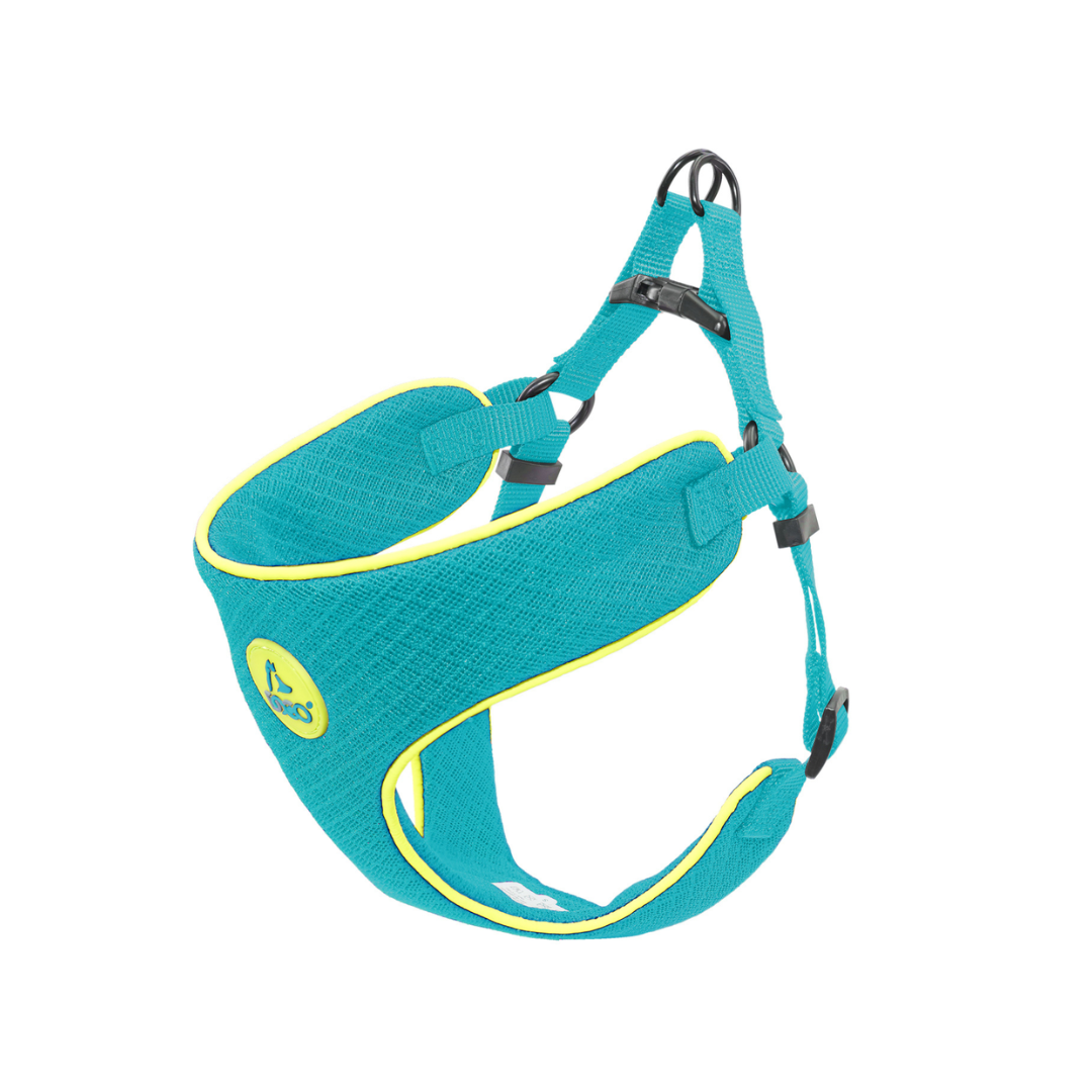 DOCO Reflective Chest Plate Mesh Harness in bright turquoise with yellow trim, featuring a wide chest panel, adjustable straps, and a black D-ring for leash attachment.