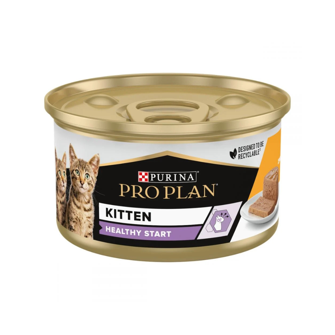 Can of Purina Pro Plan Kitten Healthy Start Mousse with Chicken, showing the "Healthy Start" logo and two kittens.