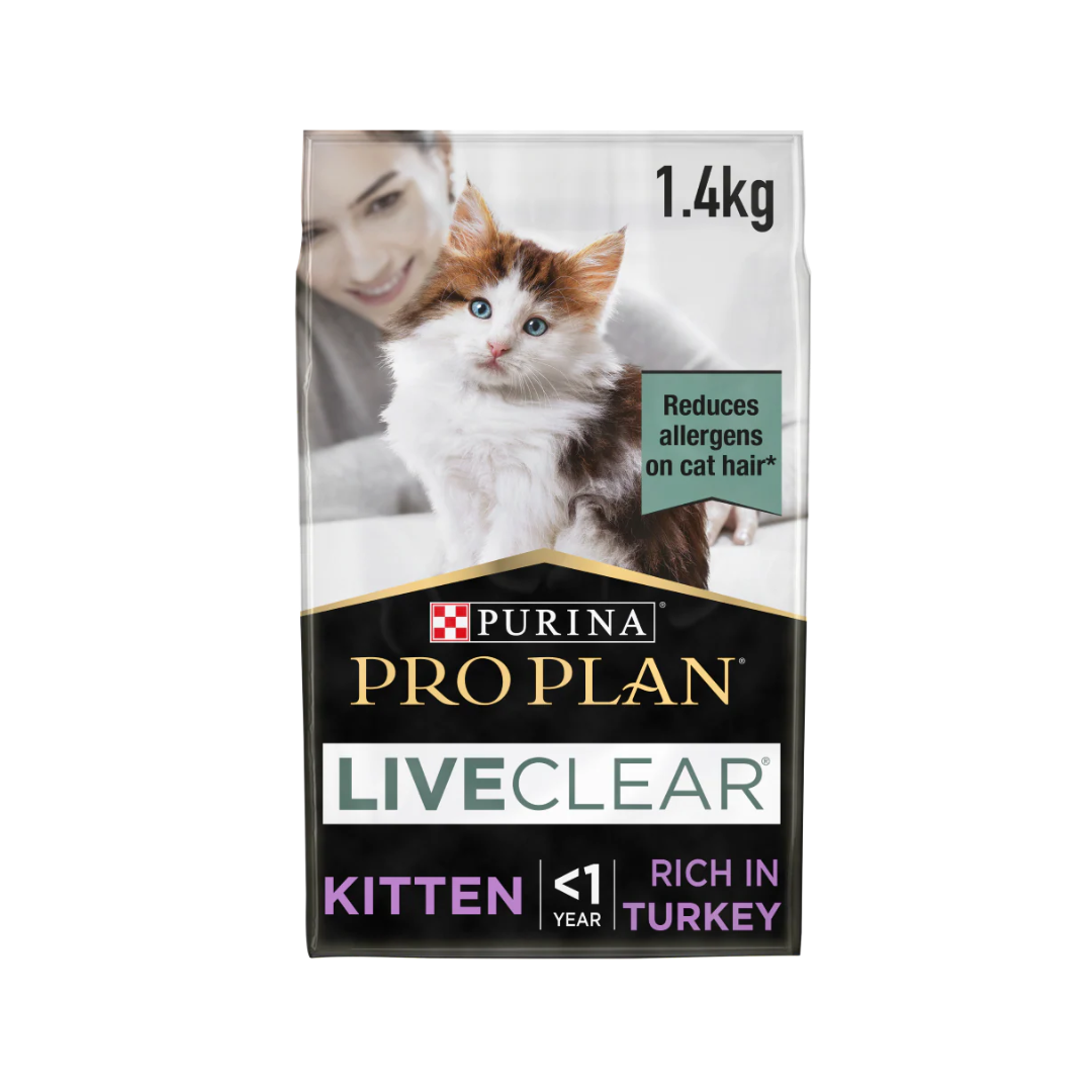 1.4kg bag of Purina Pro Plan Live Clear Kitten dry food with turkey, showing a kitten and the allergen-reduction technology logo.