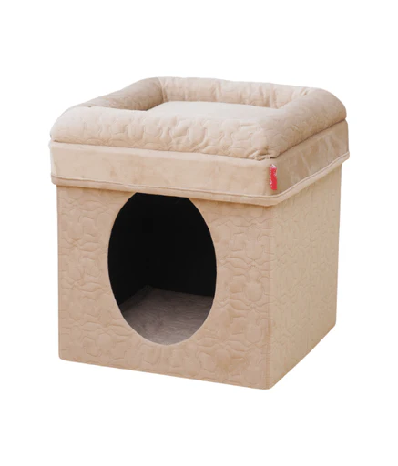 Catry Soft Folded House Bed, a beige quilted cube bed measuring 39x39x42cm, featuring a circular entry hole and a padded open top sleeping area Catry Soft Folded House Bed 39x39x42cm.j