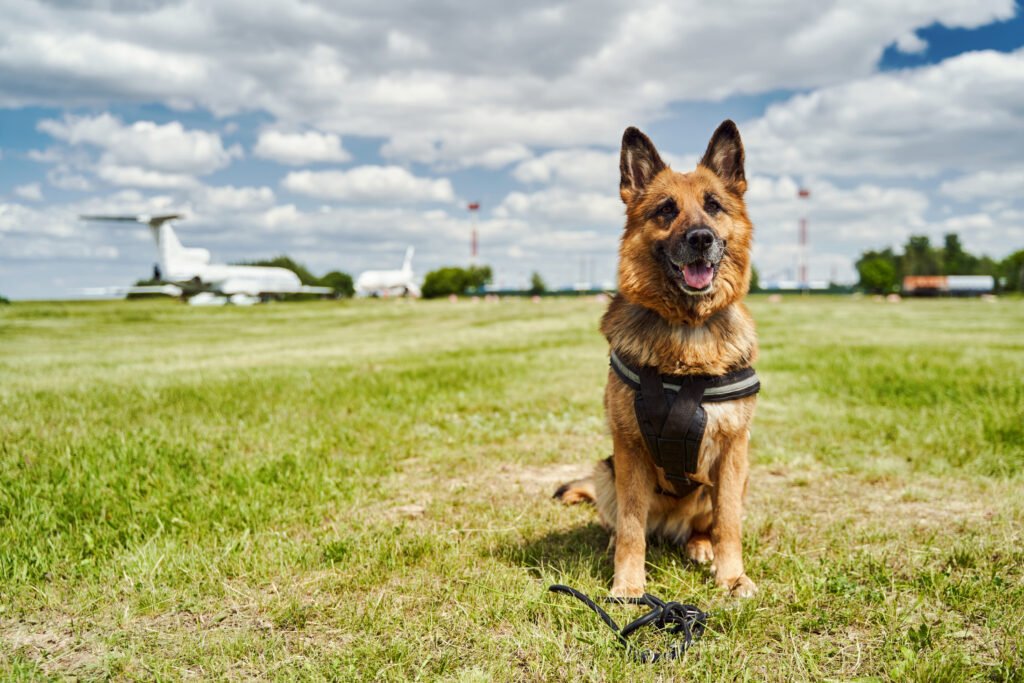 German Shepherd relaxing in garden