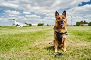 German Shepherd relaxing in garden
