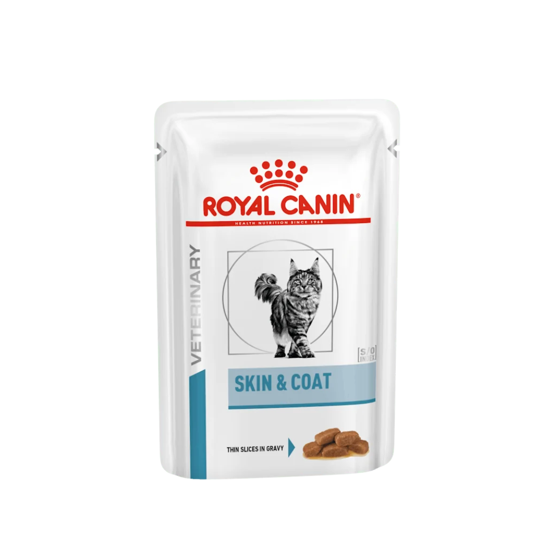 Case of 12 Royal Canin Veterinary Diet Skin & Coat wet cat food pouches, featuring thin slices in gravy and highlighting the skin and coat therapeutic benefits.