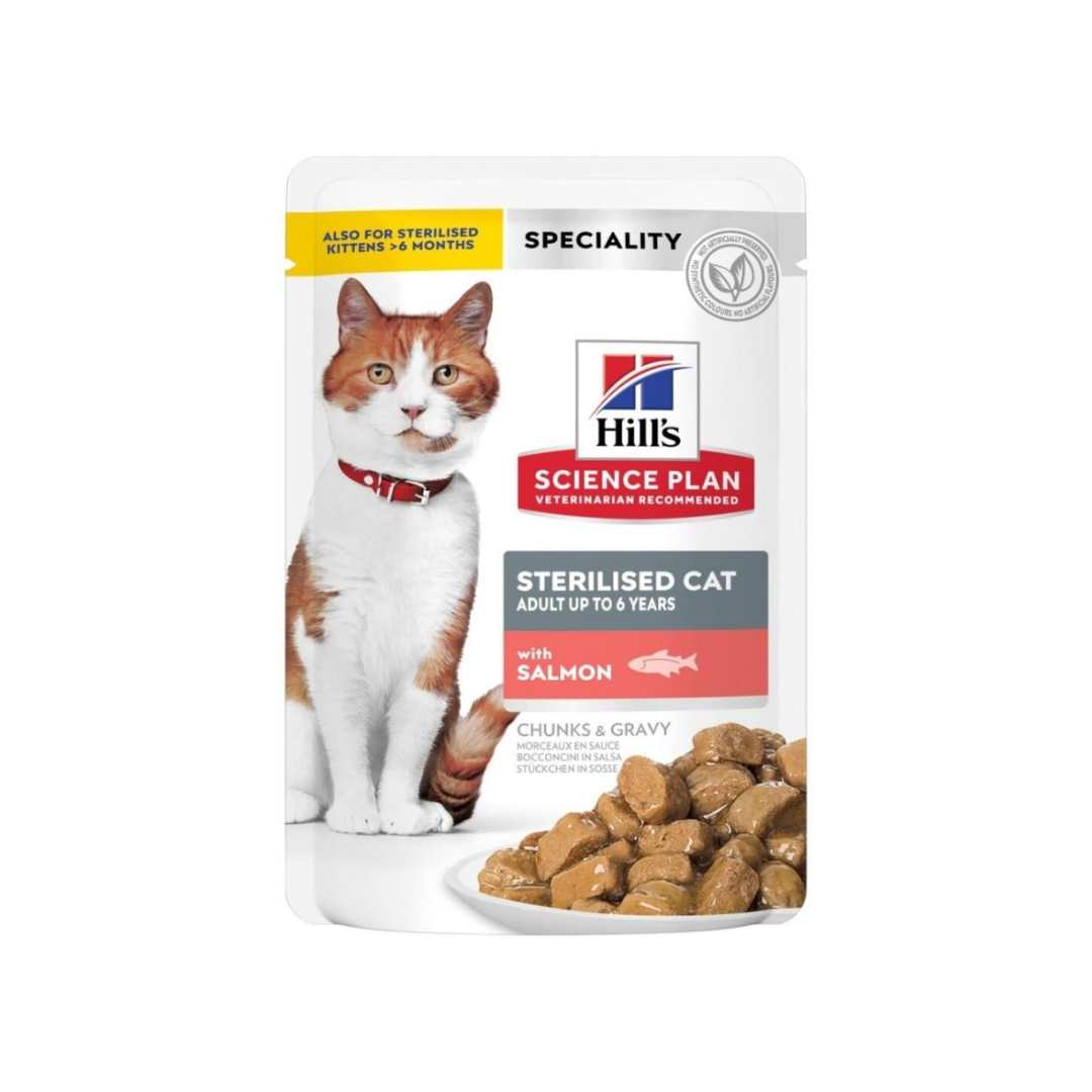 Pouch of Hill's Science Plan Sterilized Cat Adult Wet Food with Salmon, showing chunks in gravy and highlighting suitability for adult cats up to 6 years and sterilized kittens over 6 months.