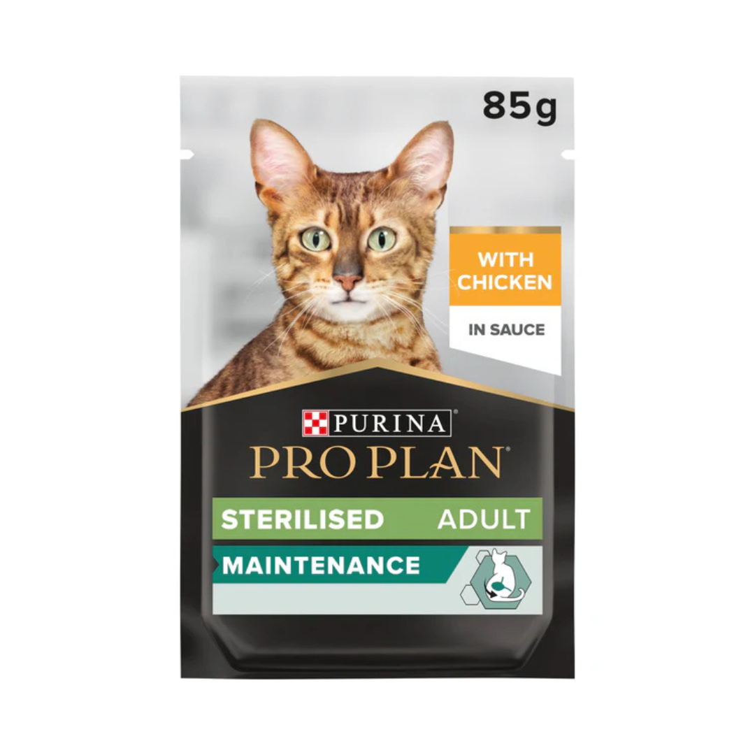 Pouch of Purina Pro Plan Sterilised Adult Maintenance wet cat food with chicken in sauce featuring a Bengal cat on the front.