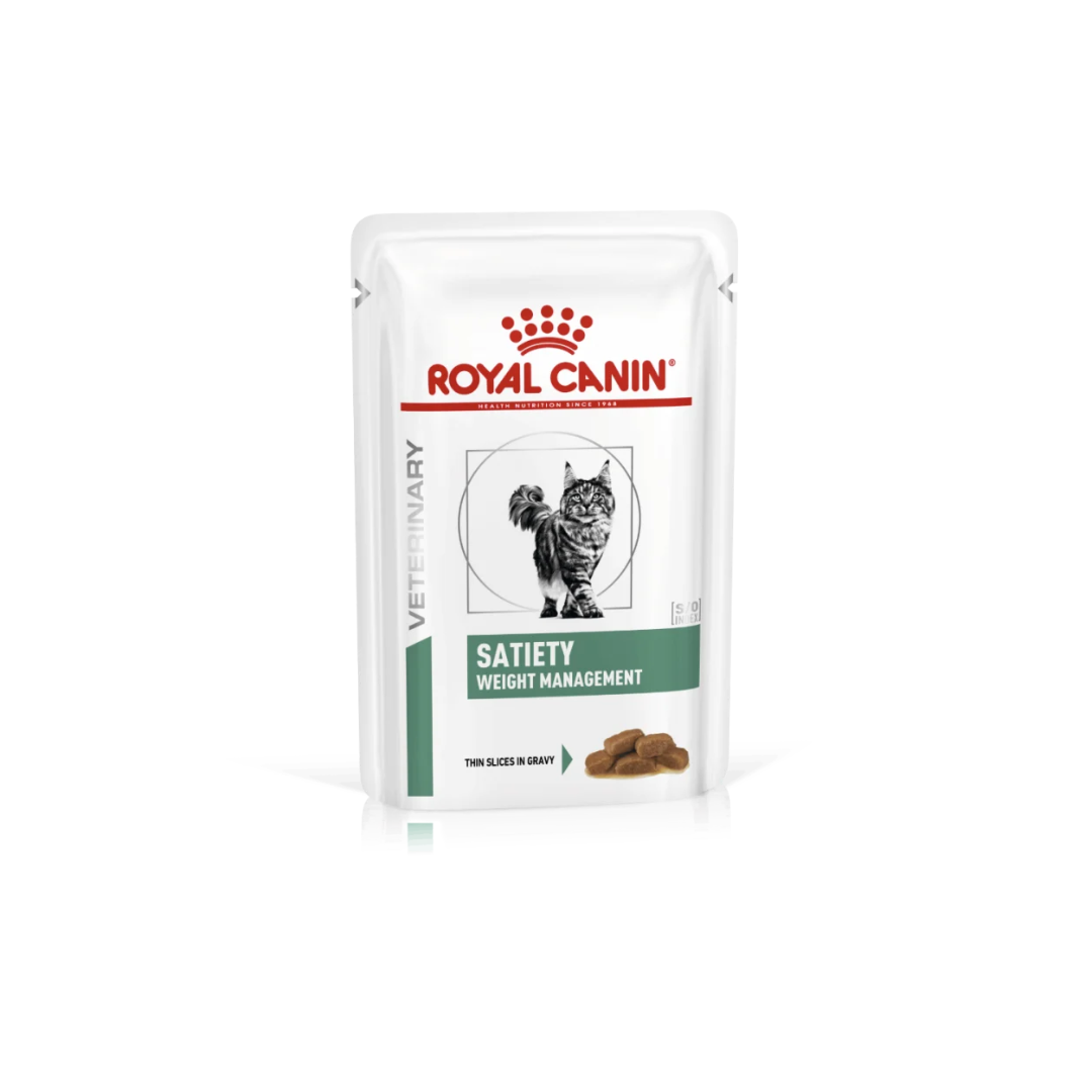 85g pouch of Royal Canin Veterinary Health Nutrition Feline Satiety Weight Management thin slices in gravy