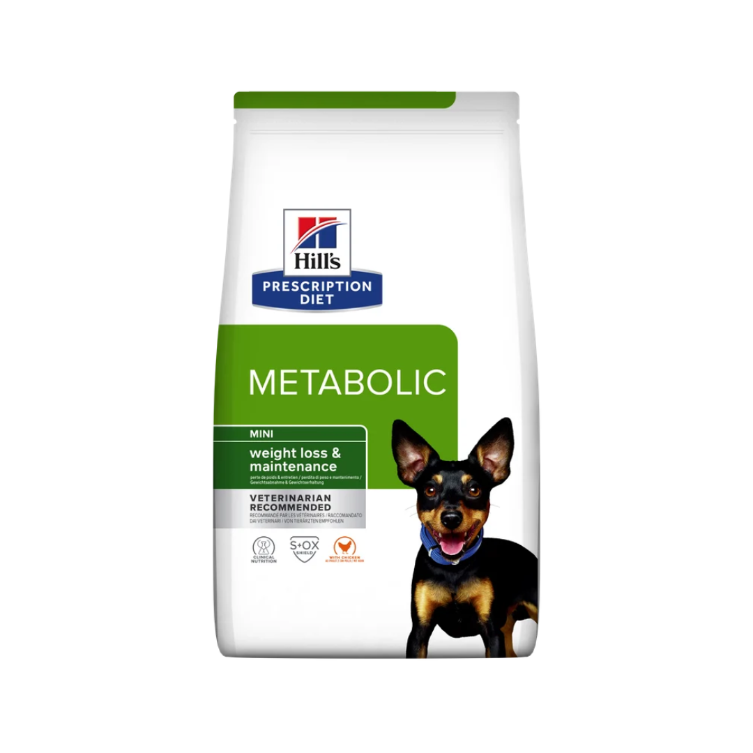 1kg bag of Hill’s Prescription Diet Metabolic Mini Weight Loss & Maintenance dry dog food with chicken.
