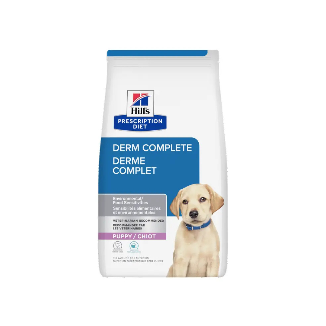 1.5kg bag of Hill’s Prescription Diet Derm Complete Puppy dry dog food for environmental and food sensitivities.