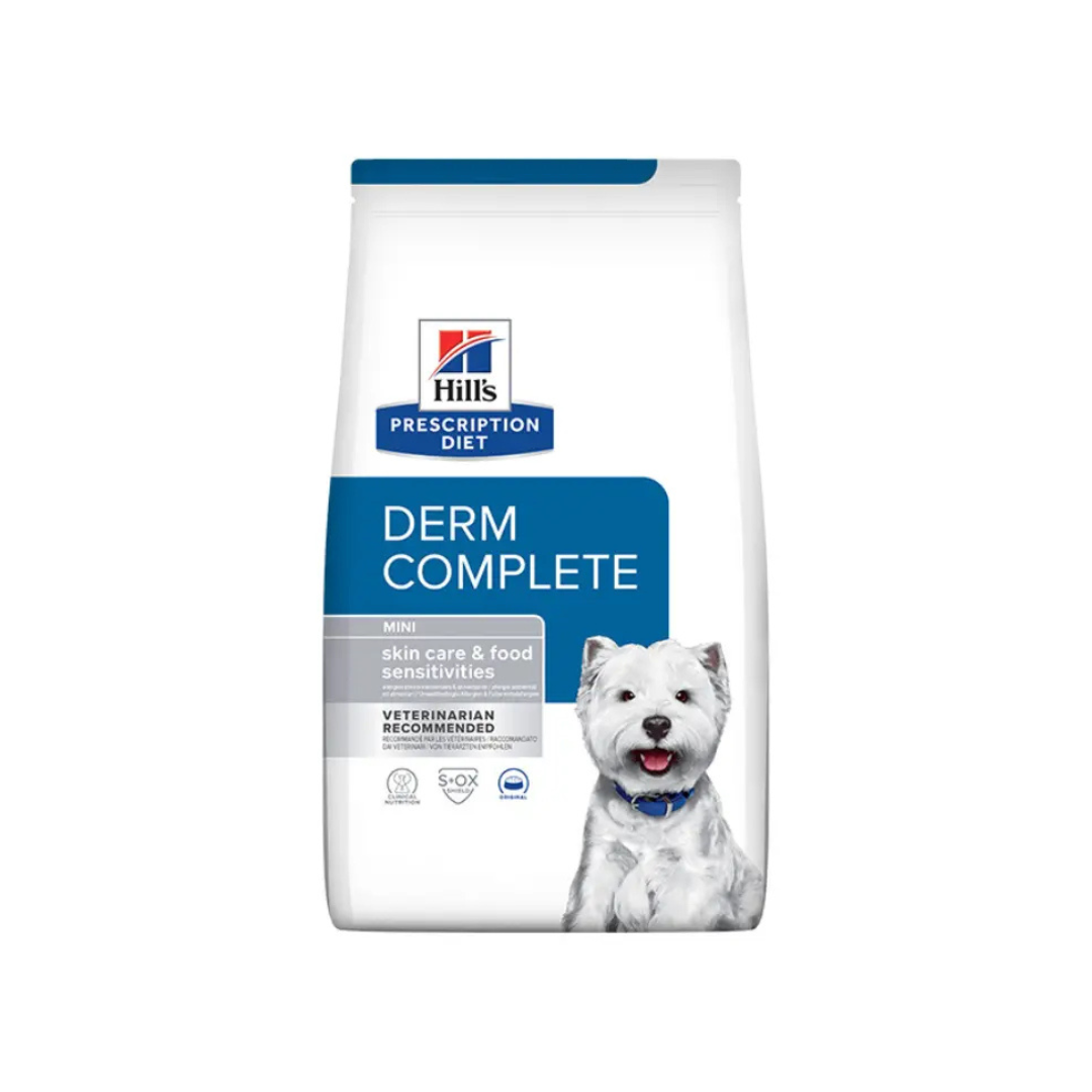 1kg bag of Hill’s Prescription Diet Derm Complete Mini skin care and food sensitivities dry dog food featuring a West Highland White Terrier.
