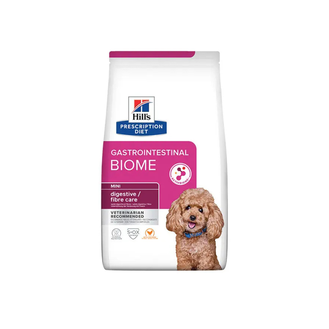 1kg bag of Hill’s Prescription Diet Gastrointestinal Biome Mini digestive and fiber care dry dog food with chicken.