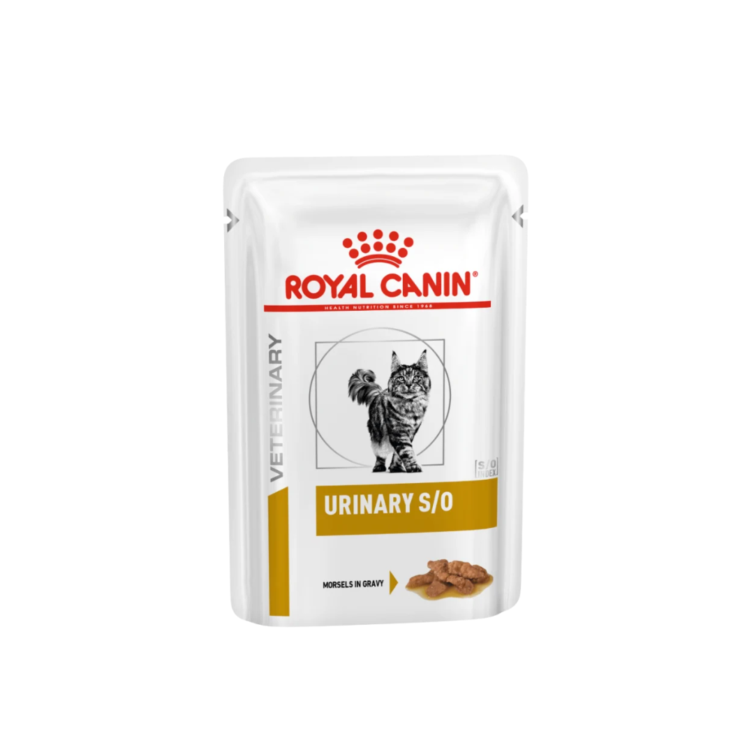 85g pouch of Royal Canin Veterinary Urinary S/O wet cat food, morsels in gravy.
