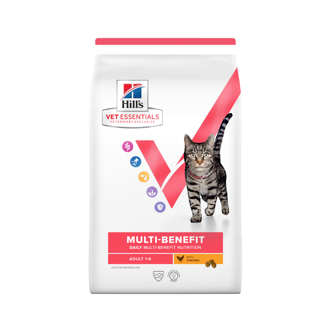 A bag of Hill’s Vet Essentials Multi-Benefit Adult Cat Food with Chicken. The packaging highlights the age range $1text{--}6$, suitability for neutered cats, and the $5$ key benefits supported.