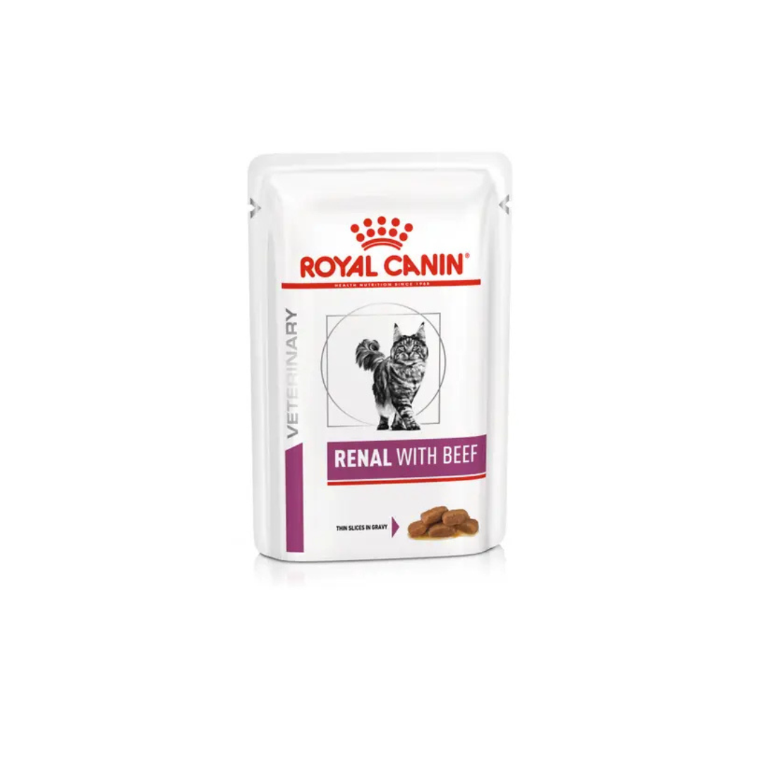 85g pouch of Royal Canin Veterinary Renal wet cat food with beef, featuring thin slices in gravy for feline kidney support.