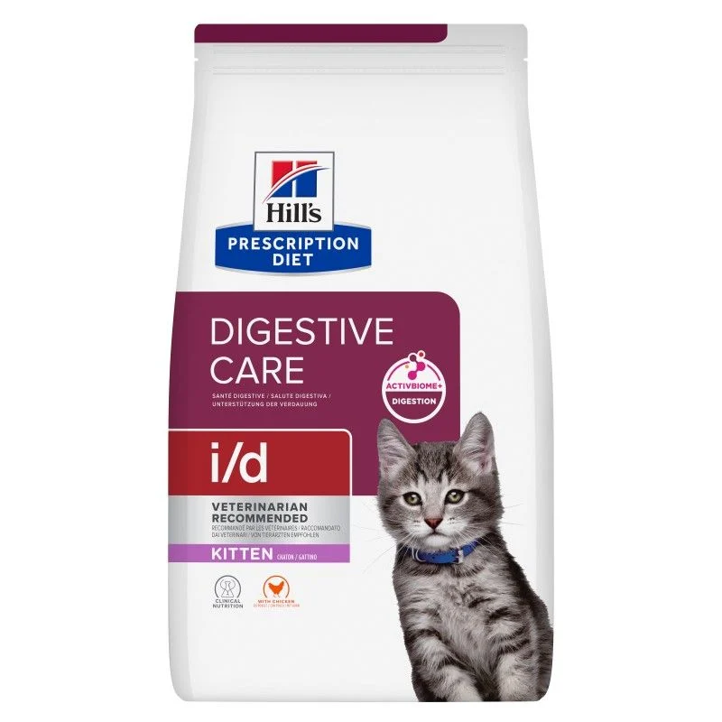 1.5kg bag of Hill’s Prescription Diet i/d Digestive Care dry food for kittens with chicken.