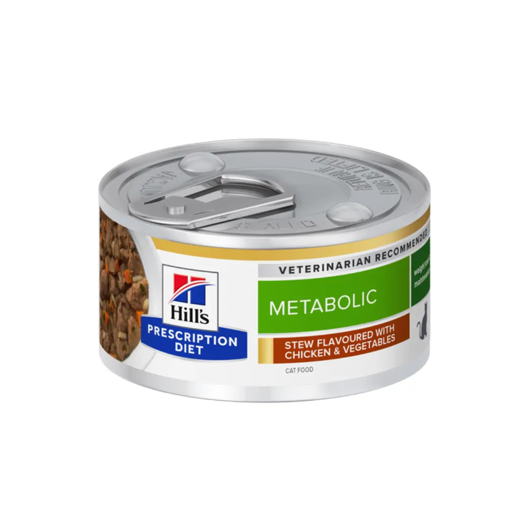 82g can of Hill’s Prescription Diet Metabolic Chicken & Vegetable Stew wet cat food.