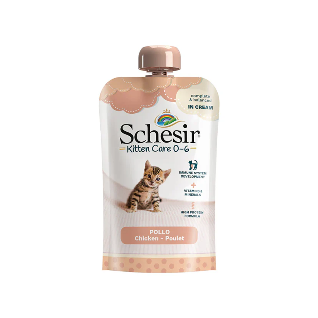 150g pouch of Schesir Kitten Care 0-6 complete and balanced chicken wet food in cream.