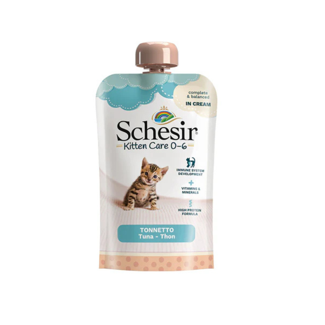 150g pouch of Schesir Kitten Care 0-6 complete tuna wet food in cream for kittens.