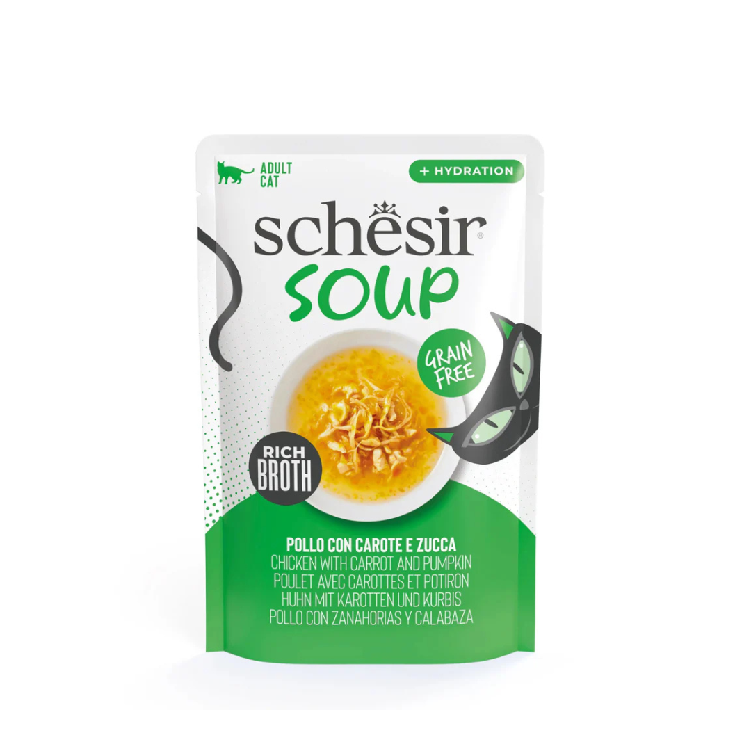 40g pouch of Schesir Soup grain-free chicken with carrot and pumpkin in rich broth for cats.
