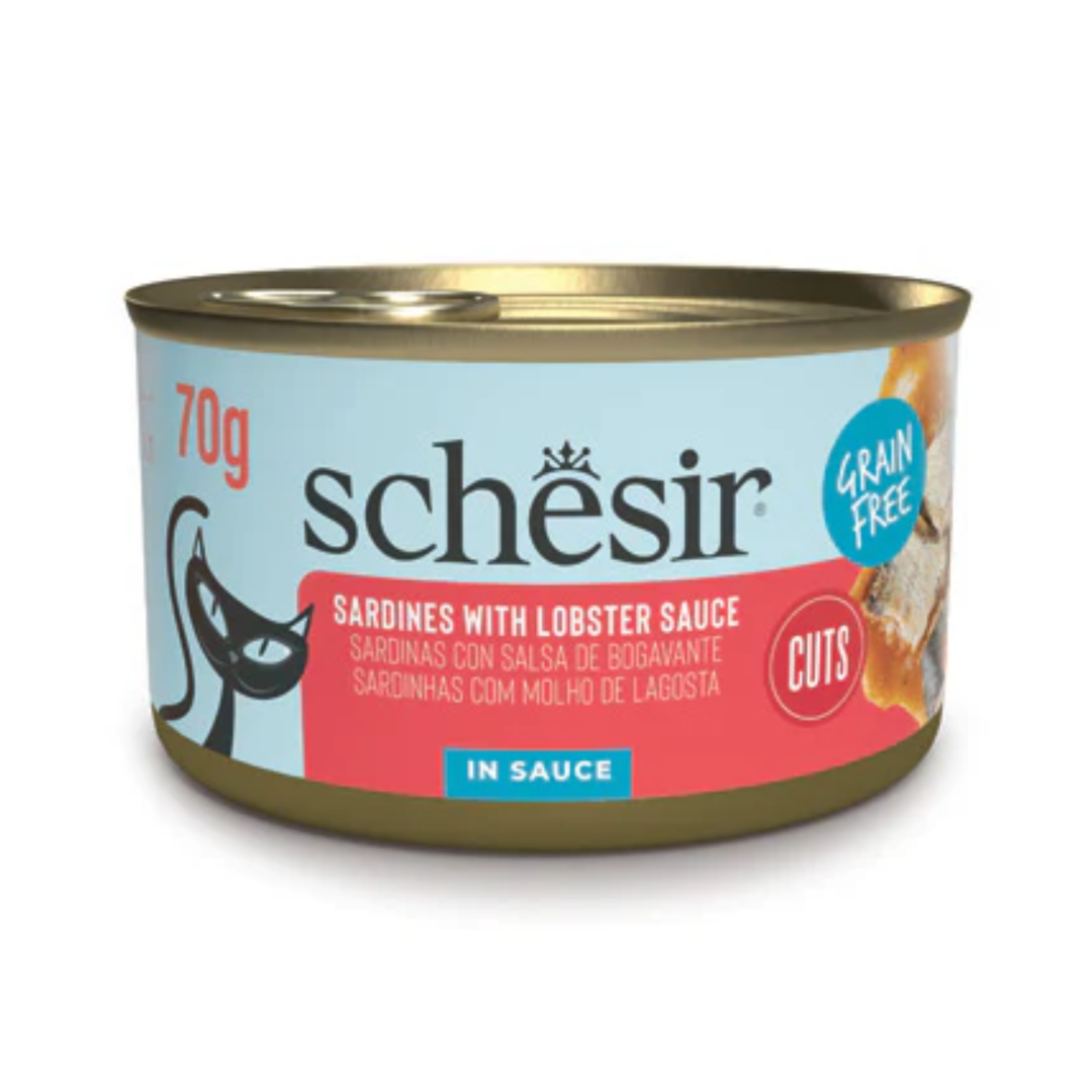 70g can of Schesir grain-free sardines with lobster sauce cuts in sauce wet cat food.