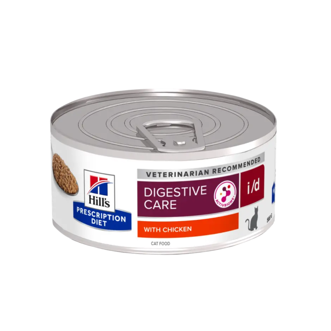 Can of Hill’s Prescription Diet i/d Digestive Care with Chicken wet cat food.