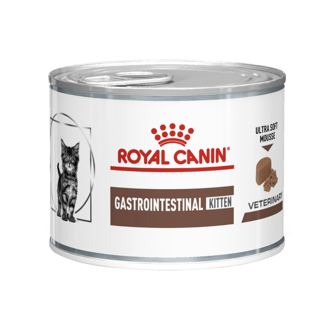 195g can of Royal Canin Veterinary Health Nutrition Gastrointestinal Kitten ultra-soft mousse wet cat food.