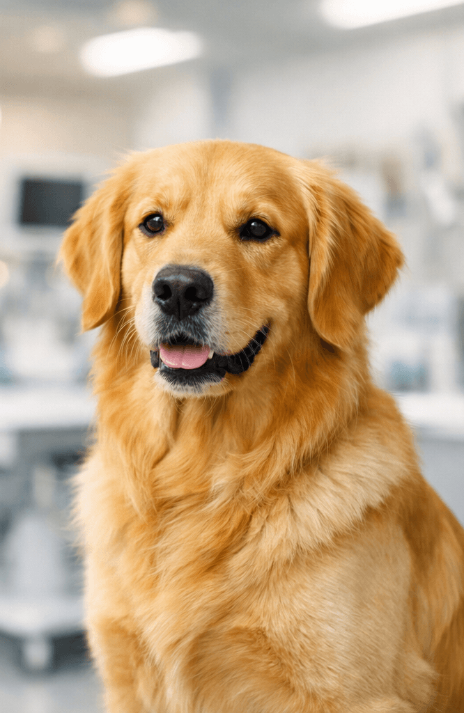 Healthy Golden Retriever sitting inside a modern veterinary clinic in Dubai for routine checkup.