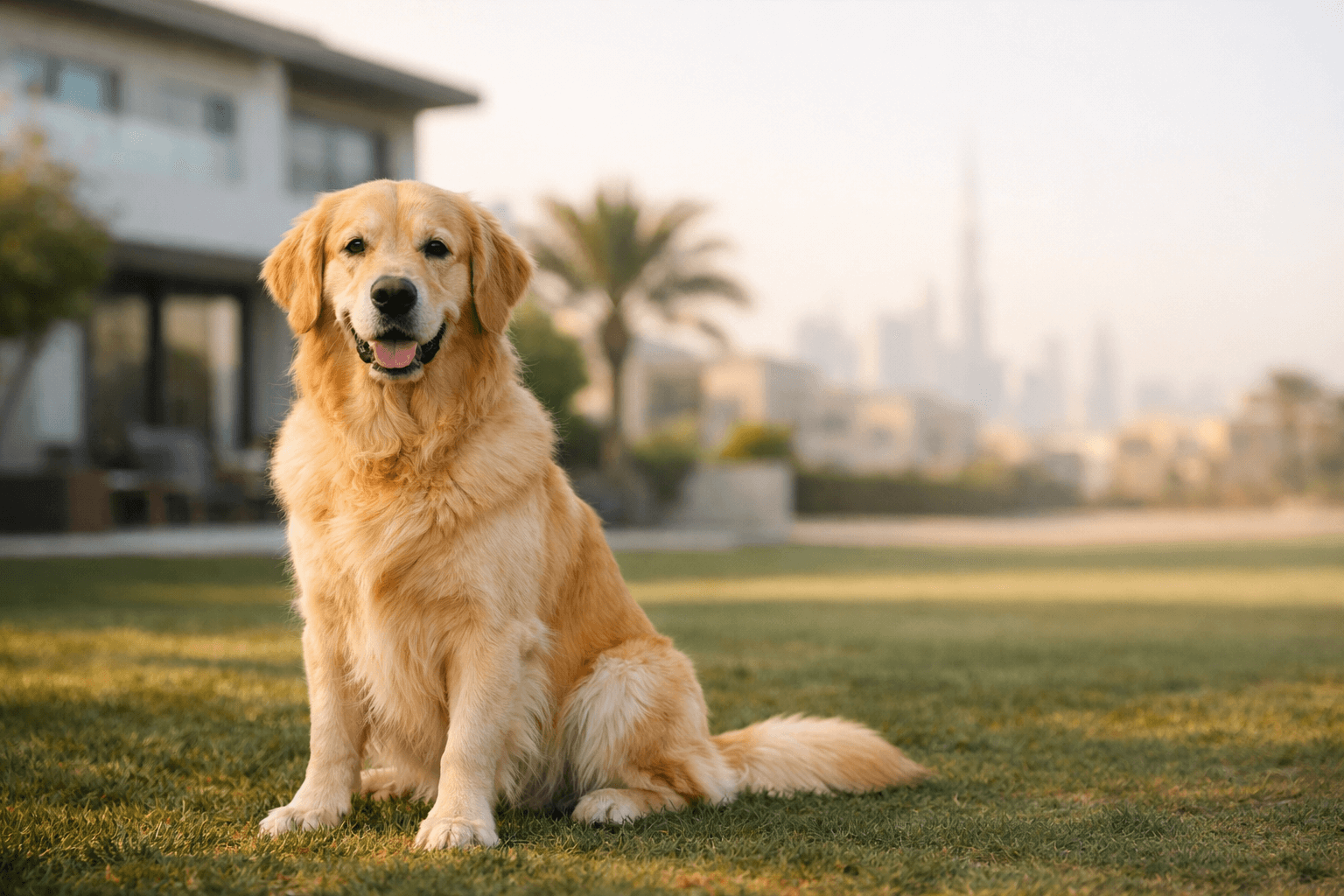 Golden Retriever with freshly brushed shiny coat after professional grooming session in Dubai.