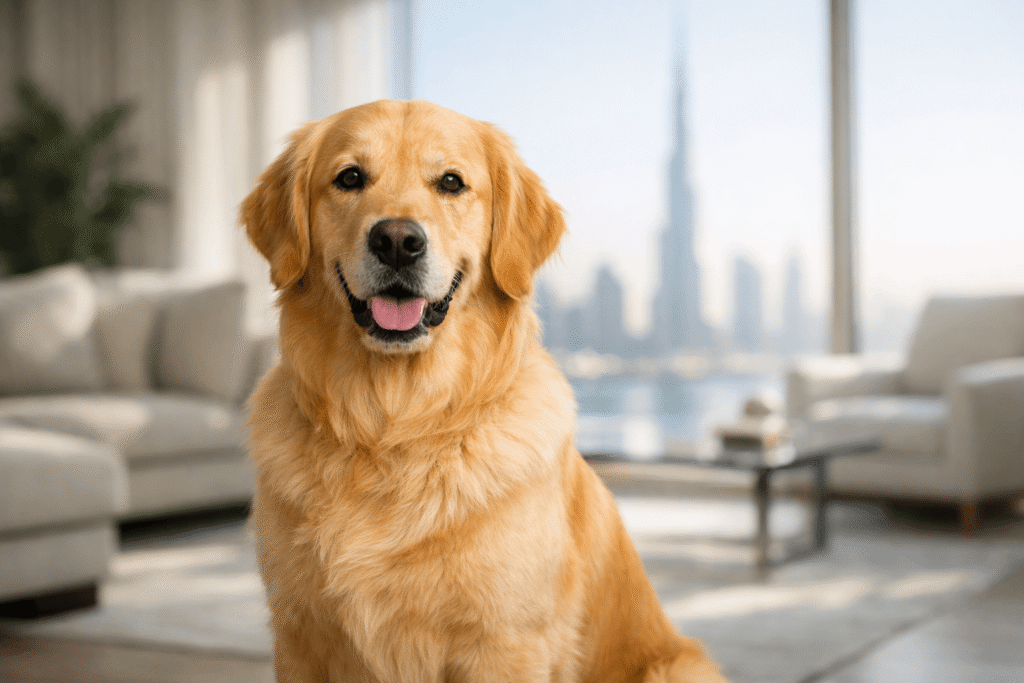 Well-groomed Golden Retriever portrait used for breed health guide by a Dubai veterinary clinic.
