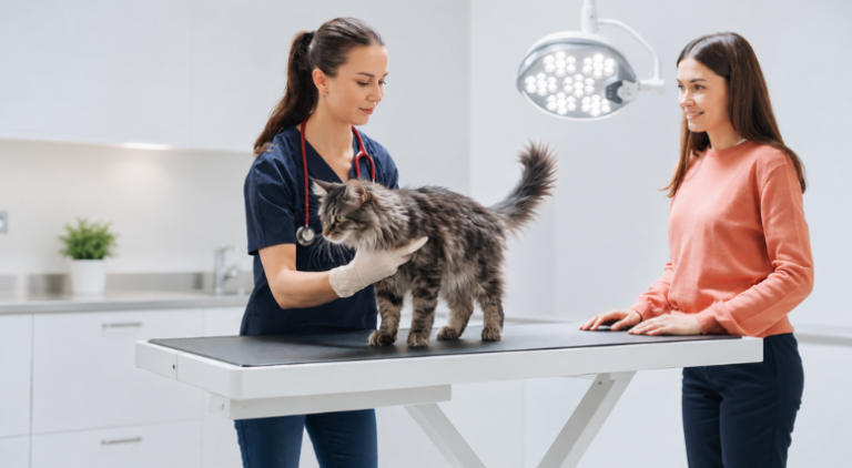 Maine Coon cat being examined by veterinarian and being watched by pet parent